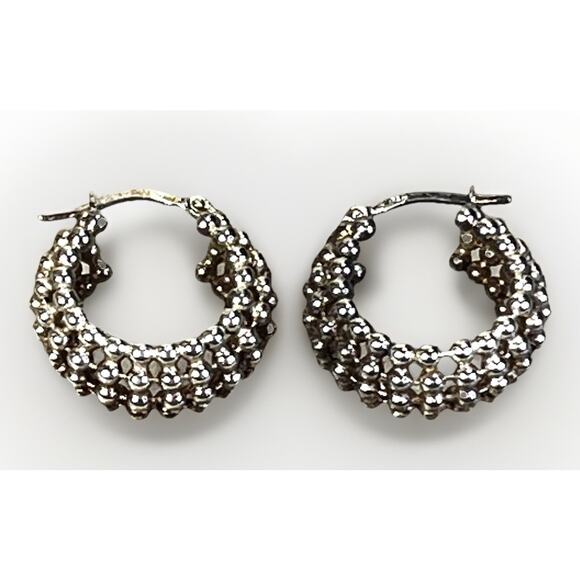 Sterling Jewelry - Sterling Silver Beaded Hoop Earrings – Ball Bead Granulated Design – Italy- 6.0g